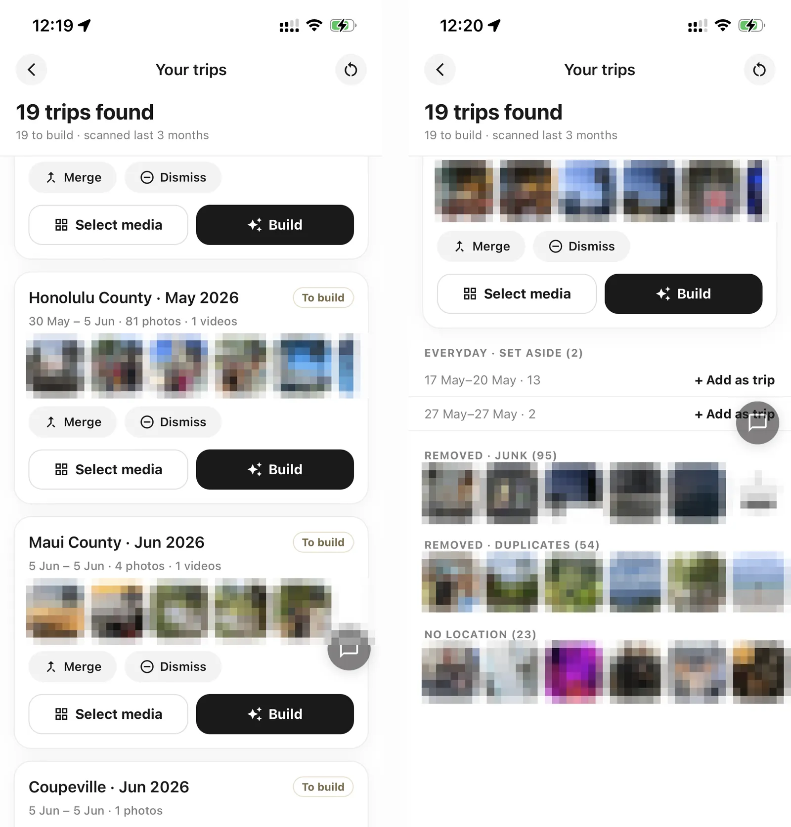 The trips review screen after a scan: found trips on the left, junk, duplicate, and no-location piles on the right. Thumbnails pixelated for other people’s privacy.